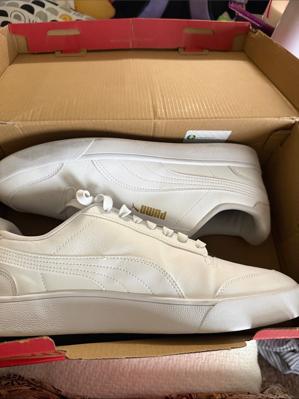 Puma White Low-Profile Leather Sneakers with Gold Logo